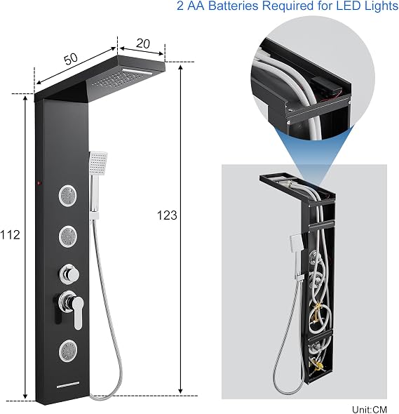 Shower Tower Panel with Mixer and LED, 6 Shower Modes: Rain＆Waterfall, 2 M Massage Jets, Handset and Bath Spout, Stainless Steel Shower Column Black Shower Panel