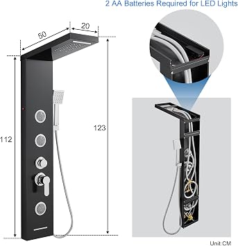 Shower Tower Panel with Mixer and LED, 6 Shower Modes: Rain&Waterfall, 2 M Massage Jets, Handset and Bath Spout, Stainless Steel Shower Column Black Shower Panel