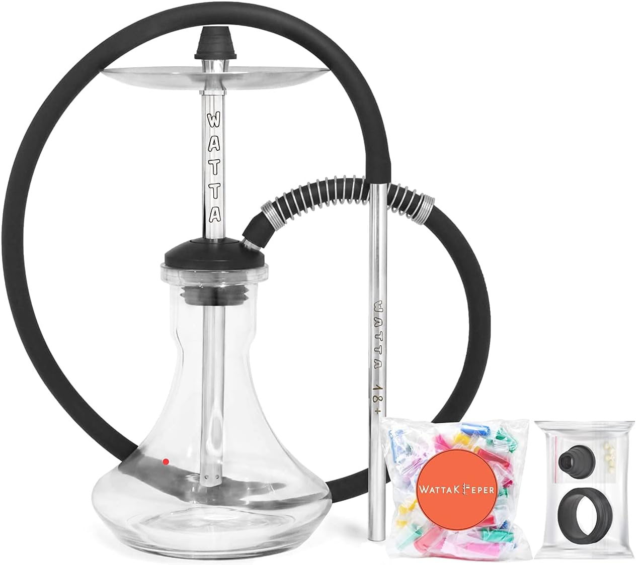 WattaKeeper hookah set completo: Cachimba Watta 18+ mini acero inoxidable, Transparente Base, boquillas de narguile desechables WAT19T19