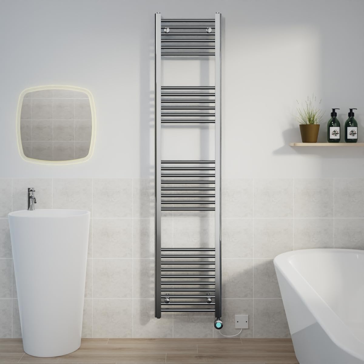 Warmehaus Prefilled Electric Thermostatic Heated Towel Rail Bathroom Ladder Radiator Straight with 800W LCD Display Timer Electric Heating Element Chrome 1800x400mm
