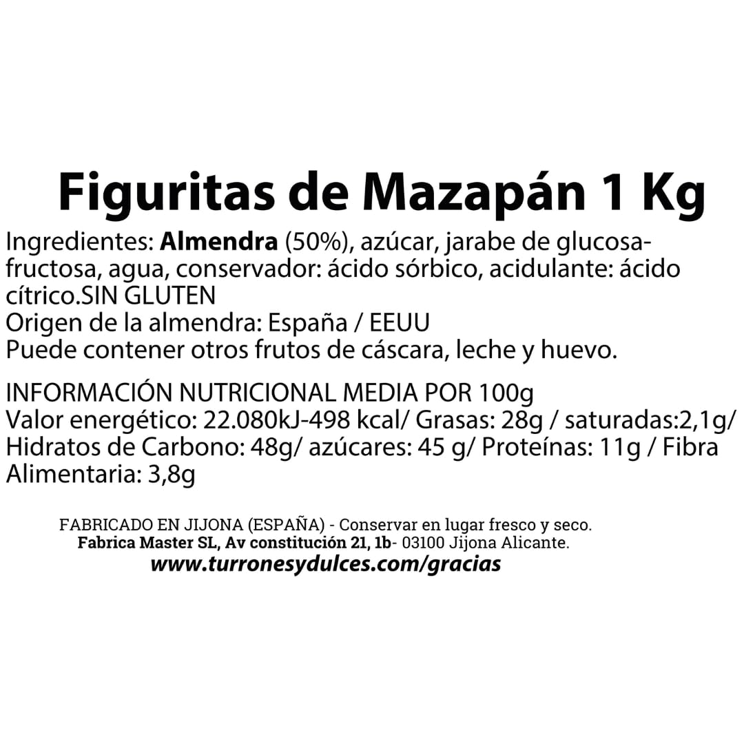 Figuritas de Mazapán artesano 1Kg aproximadamente 60 unidades. Se presentan en bolsas individuales de plástico, cada figurita suele ser diferente, según su elaboración.