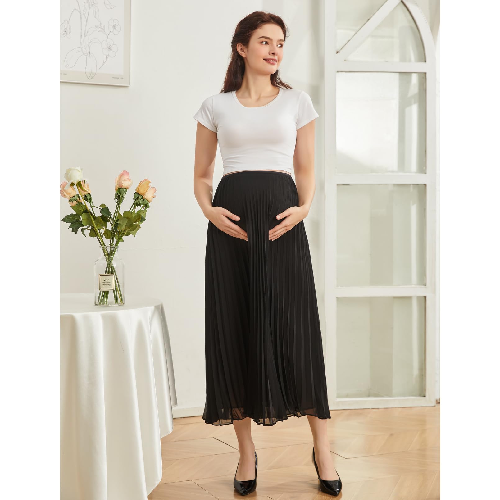COLOMI Jupes longues pour femmes d'été de maternité, taille haute élastique, jupe plissée en mousseline de soie, jupe trapèze longue trapèze