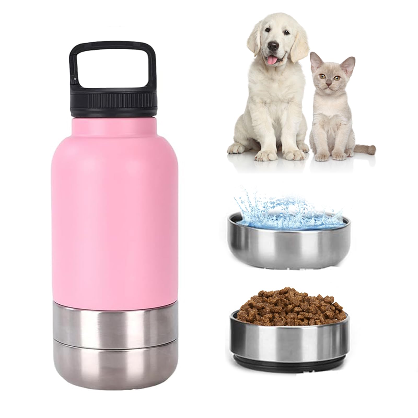 3-in-1 Dog Water Bottle 32oz, Stainless Steel Insulated Puppy Water Bottle with Detachable Food Bowl and Water Bowl, Dog Food Travel Container (pink, 32oz)