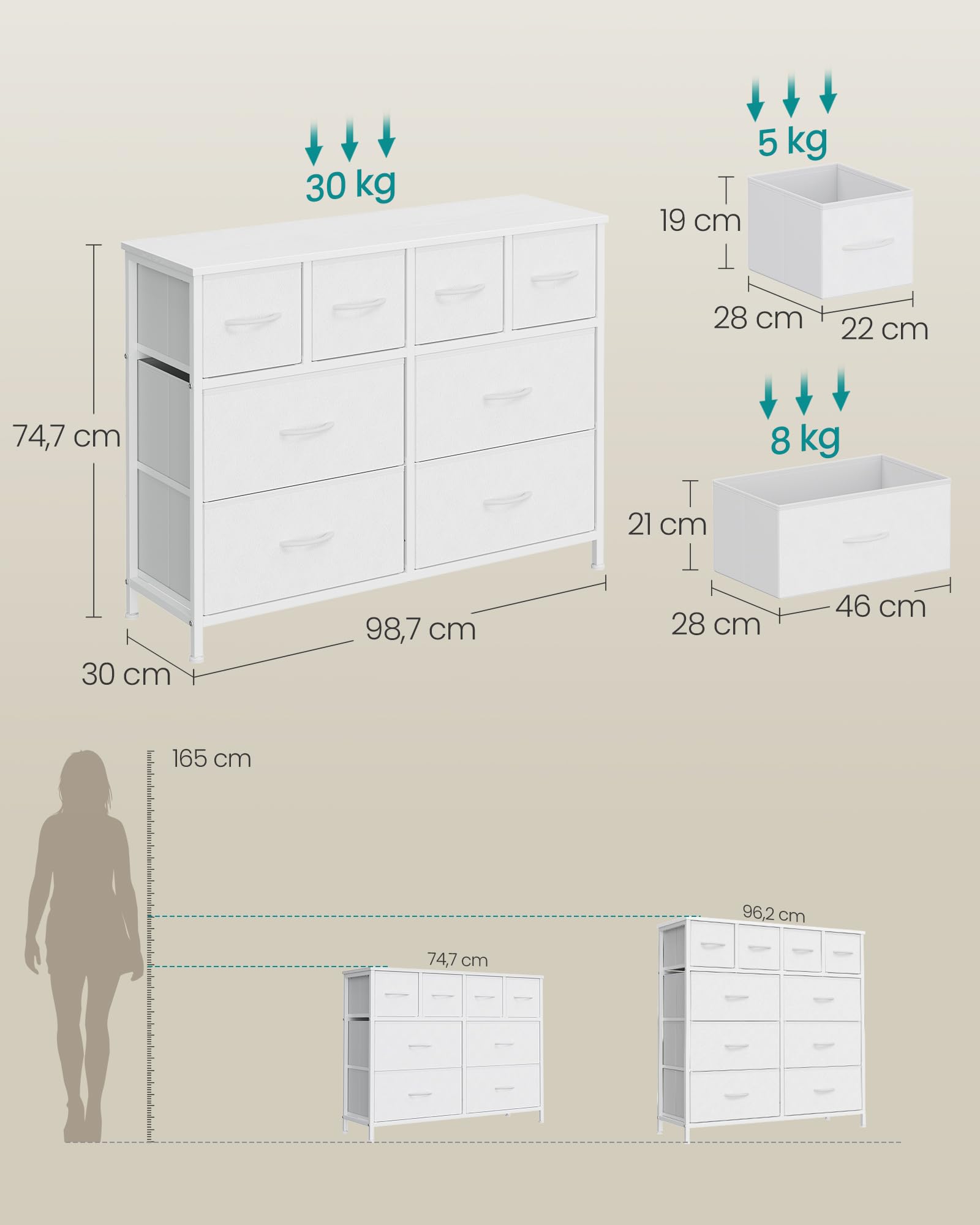 SONGMICS Commode avec 8 Tiroirs, Cadre en Acier, 98,7 x 30 x 74,7 cm | Meuble de Rangement, Tiroirs en Tissu, pour Chambre, Salon, Blanc nuage, Collection BELLAH LGS234W101