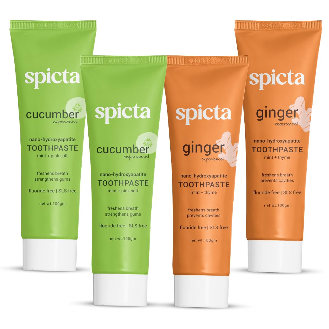 Spicta Cucumber Mint & Ginger Mint Natural Hydroxyapatite Toothpaste | Teeth Whitening, Removes Bad Breath, Tartar, Plaque I Herbal, Fluoride Free, SLS Free Toothpaste for Adults & Kids | Pack of 4