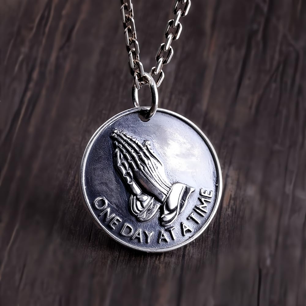 Collana ciondolo pendente medaglia moneta con mani in preghiera in argento sterling 925 per uomo donna
