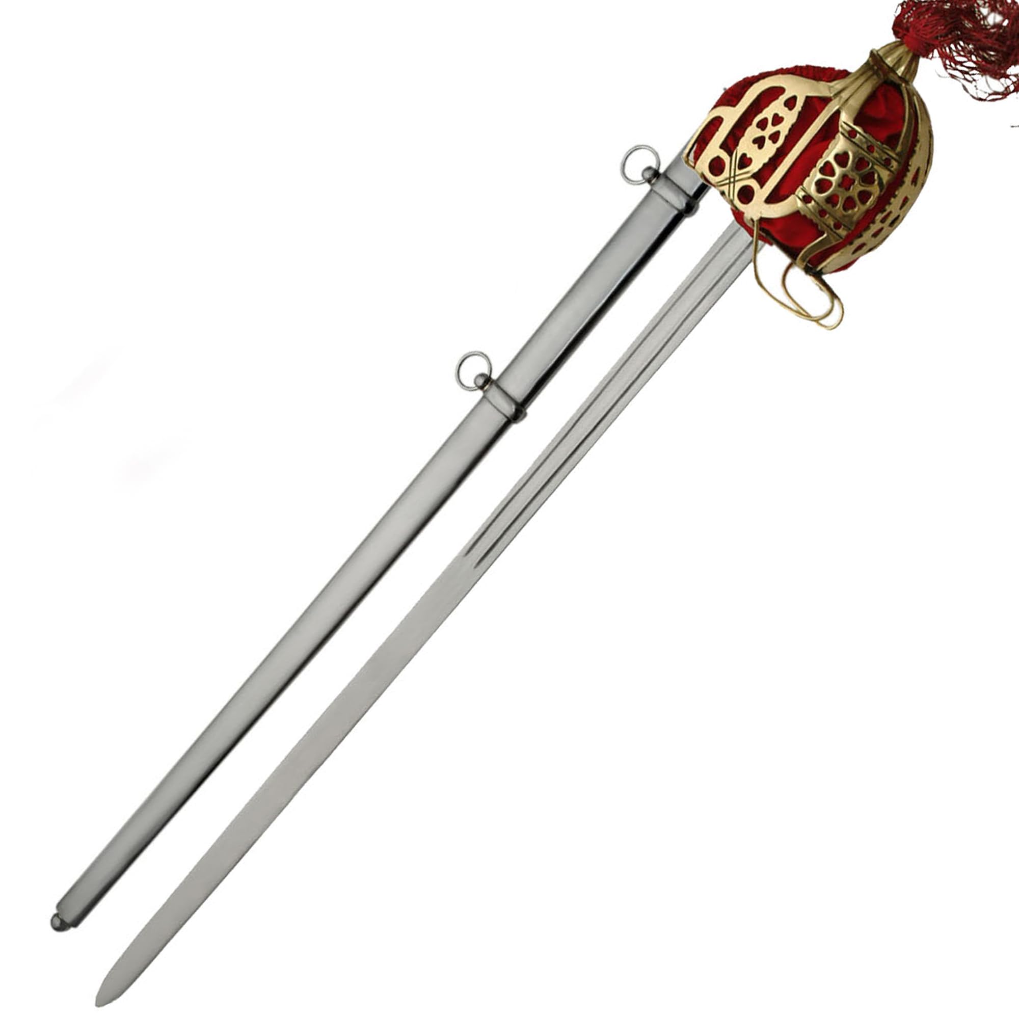 SZCO 41" Broad Scottish Sword- Ceremonial Sword with Basket Hilt, Red Suede Handle, and Leather-Wrapped Scabbard – Stainless Steel Sword, Real Swords for Adults for LARP & Collectors