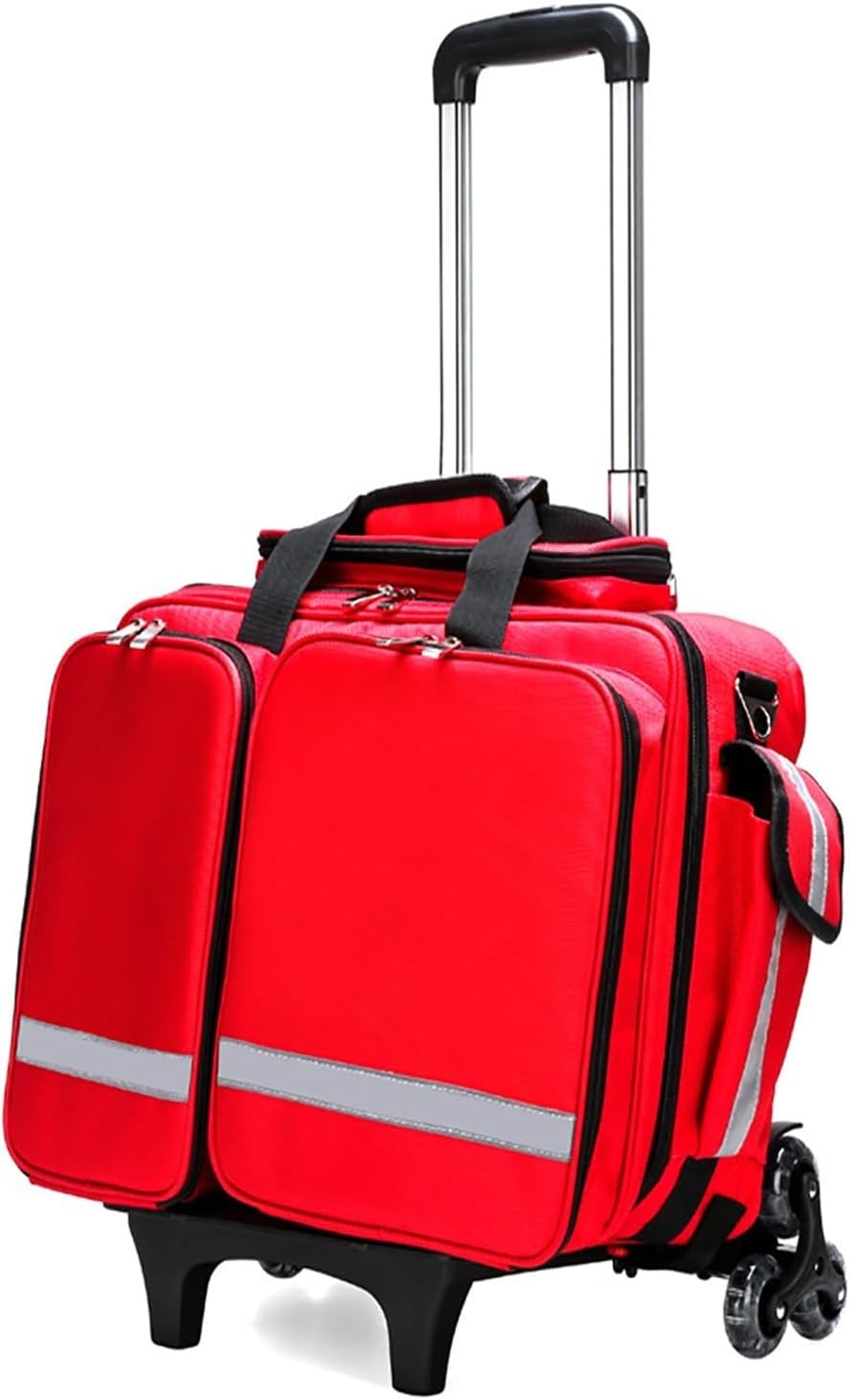 Borsa professionale per kit di pronto soccorso mobile con ruote, borsa traumatica impermeabile di grande capacità con divisori interni per soccorritori di emergenza e uso esterno, Rosso