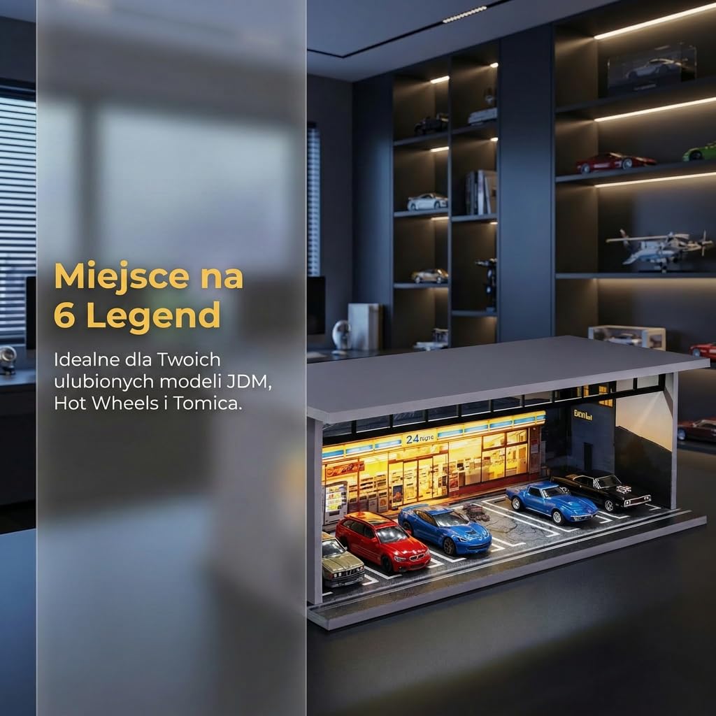 Gablota na modele samochodów 1:64, diorama garażowa z nadrukiem UV, osłona akrylowa, oświetlenie LED USB, 6 miejsc, kompatybilna z Hot Wheels i Matchbox - Japoński Sklep JDM