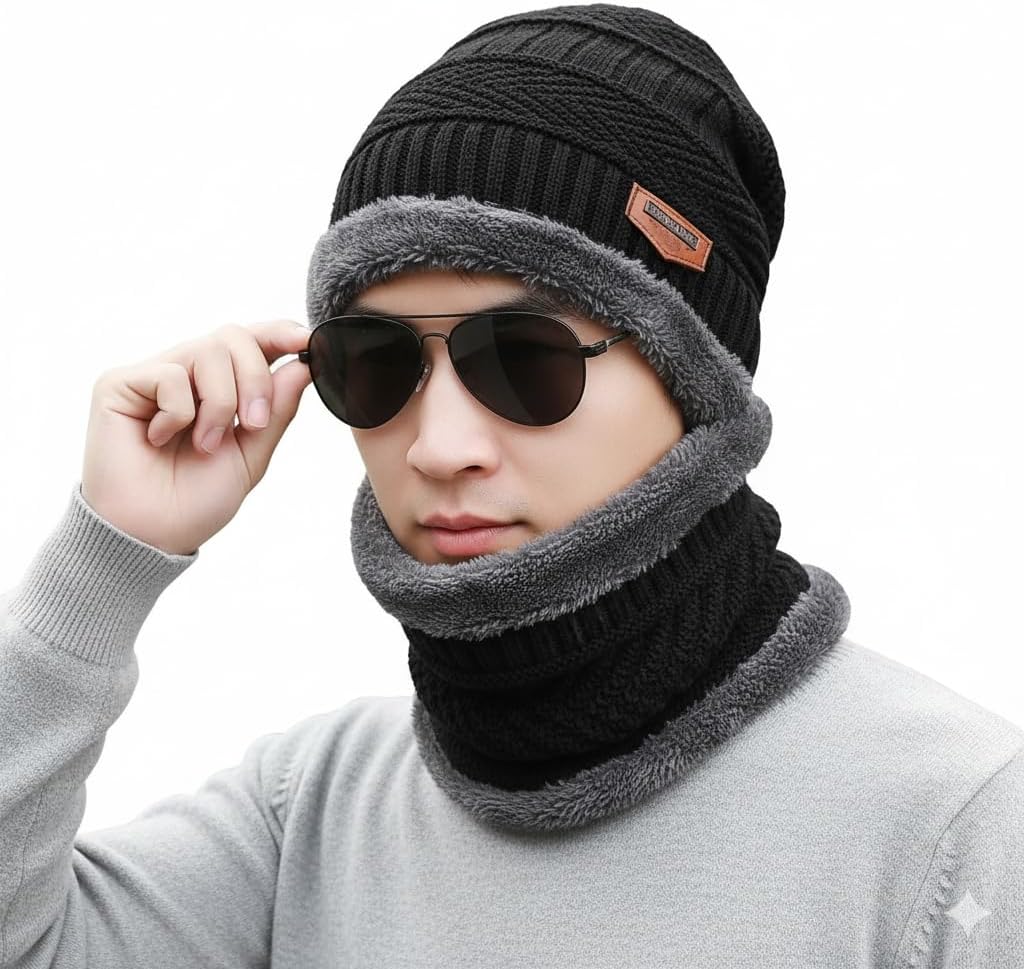 Winter Hat & Scarf Set - Unisex-Adult Men's Beanie & Scarf in Black & Blue - Stylish and Warm Accessories for Cold Days - scarf hat winter beanie for Men & Women