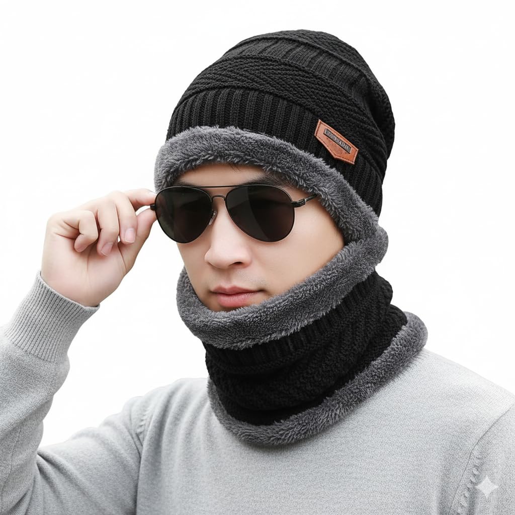 Winter Hat & Scarf Set - Unisex-Adult Men's Beanie & Scarf in Black & Blue - Stylish and Warm Accessories for Cold Days - scarf hat winter beanie for Men & Women