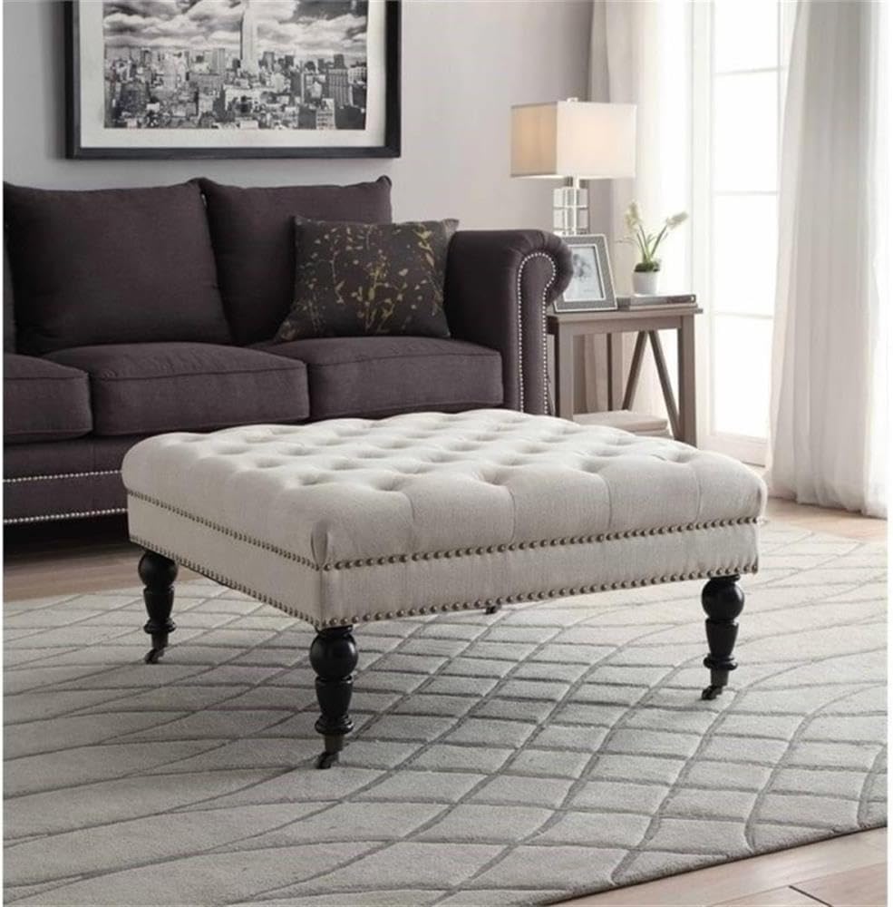BOWERY HILL Square Ottoman, Natural Linen Upholstery with Tufted Top, Burnished Bronze Nailheads, Dark Espresso Birch Legs, 34.63" W x 34.63" D x 17.72" H, Versatile Coffee Table or Seating Option