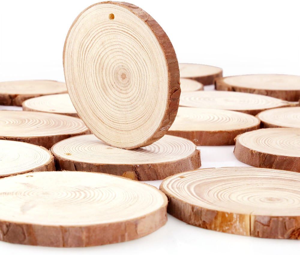 Caydo 20 Pieces 2.8-3.2 Inch Unfinished Predrilled Wood Slices Thickness of 0.8cm Solid Round Log Discs and 33 Feet Natural Jute Twine for Wedding Ornaments Decorations