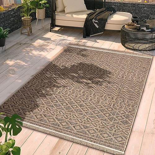 Paco Home in- & Outdoor Rug Natural Look with Bohemian Aztec Details in Beige Brown, Size: 2'8" x 4'11"