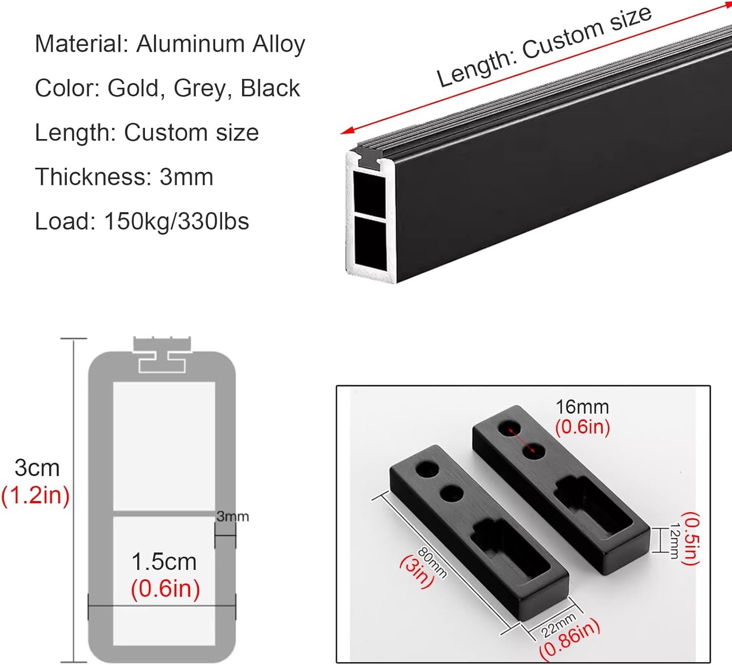 JYHHCYS Wall Mount Clothes Rack Heavy Duty Closet Pole for Hanging Clothes, Long Detachable Cuttable Clothes Hanger Rod with Support Brackets, Easy to Install (Color : Black, Size : 30in/76cm)