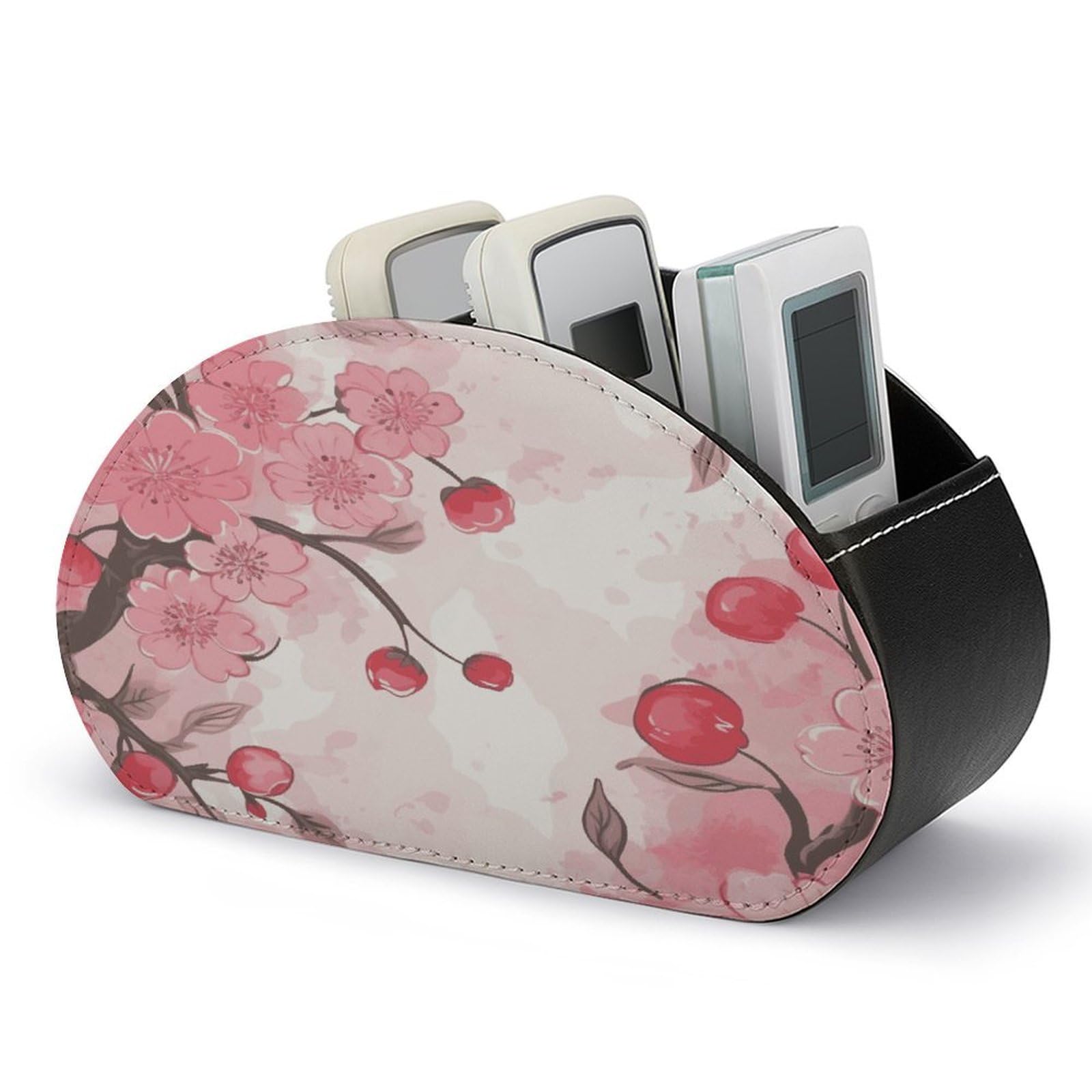 FekiLoot Pink Cherry Floral Remote Control Holder with 5 Compartments Multi-functional TV Remote Caddy Organizer Leather TV Remote Holder Desktop Organizer Store for Bedside Table Office Desk