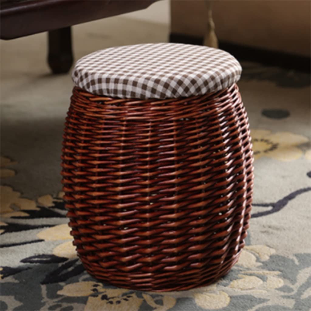 Tabouret de rangement en osier tressé main, pouf rond jonc de mer et siège rembourré rustique