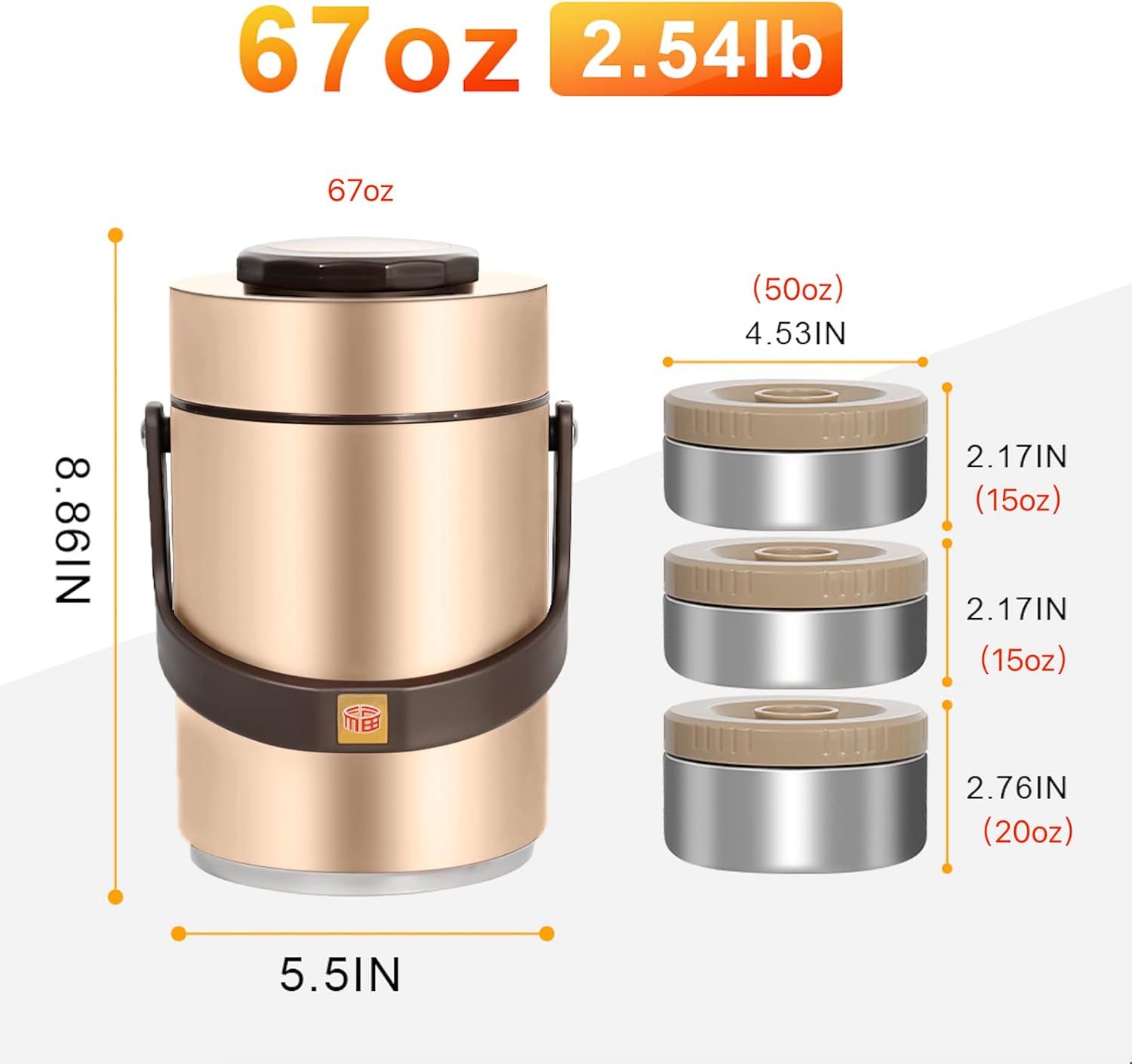 67 oz Adults Stainless Steel Vacuum Insulated Wide Mouth Soup Food Thermo Hot Food Jar with Keep Thermal Portable 3 Tier Stackable Bento Hot Food Containers Lunch Boxes (67 oz Gold)