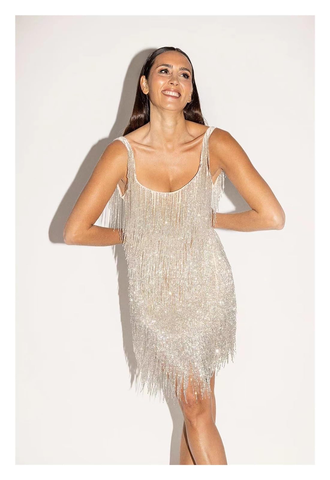 Vestido Flecos Vestido con borlas de lentejuelas, vestido con tirantes finos, vestido sin mangas con cuello cuadrado, vestido de noche Sexy sin espalda, vestido Midi sin mangas for mujer, vestido mora