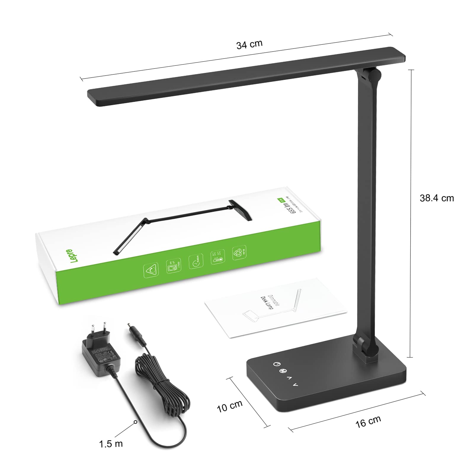 Lepro Lampa biurkowa LED, 450 lm, 3 kolory i 5 poziomów jasności, możliwość ściemniania, 3000-6500 K, światło dzienne z ochroną oczu, lampka nocna, lampka do czytania dla dzieci, do biura, czarna