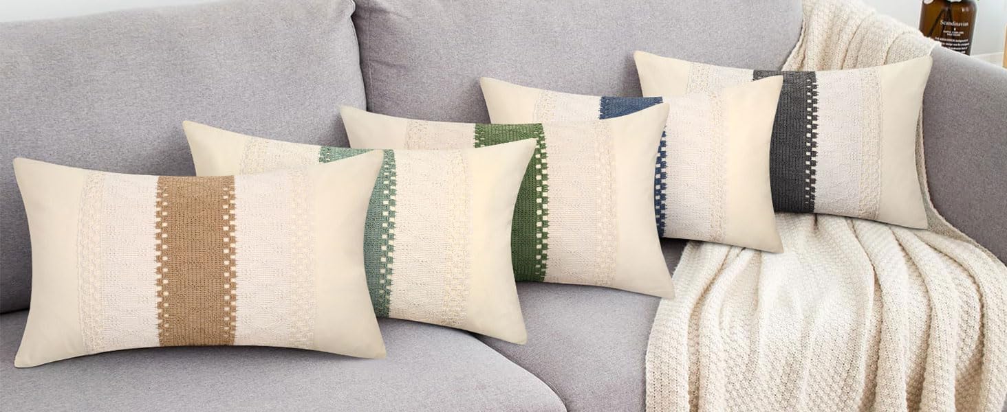 Cushion Covers 30 x 50 cm Green Decorative Sofa, Set of 2 Cotton Cushion Cover with Decorative Crochet Lace Linen, Washable Boho Pillow Cover for Living Room, Bedroom, Garden, Sofa Bed