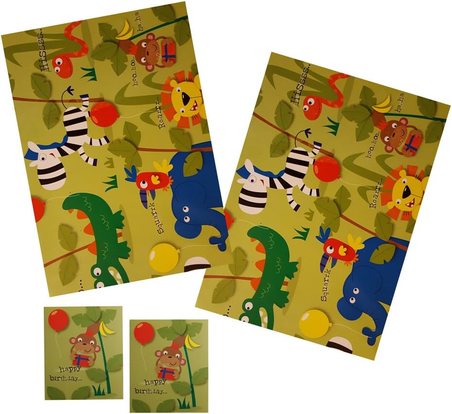Jungle Animals Birthday Gift Wrap Pack - 2 Sheets & 2 Tags