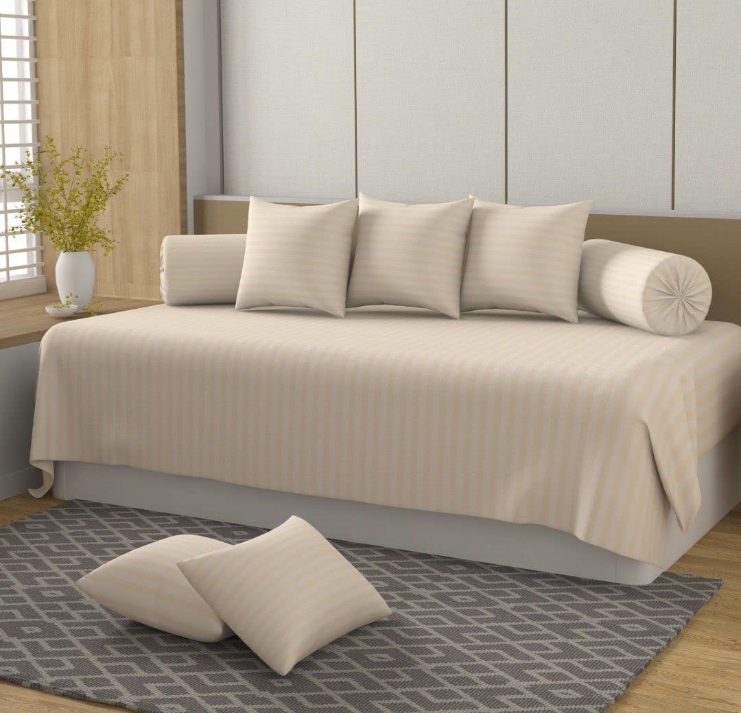 Striped Daybed DIWAN Cover Set with 5 Cushions, with 2 Booster White, Cotton Blend (Camel)-picture-10