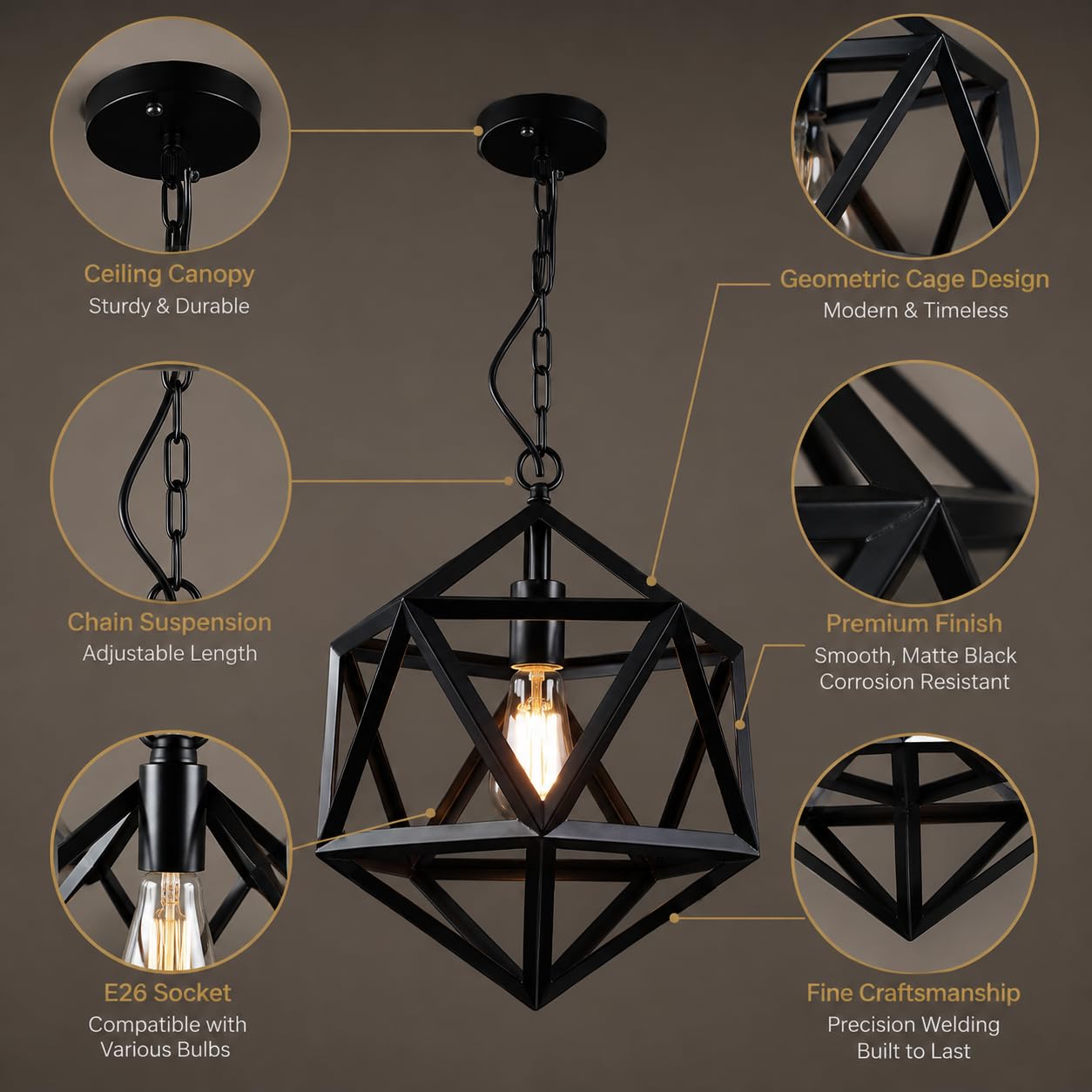 Czarne geometryczne zawieszenie z regulowanym łańcuchem, trzonek E26 | Czarna lampa wisząca z otwartą klatką geometryczną i regulowanym łańcuchem, idealna do jadalni.