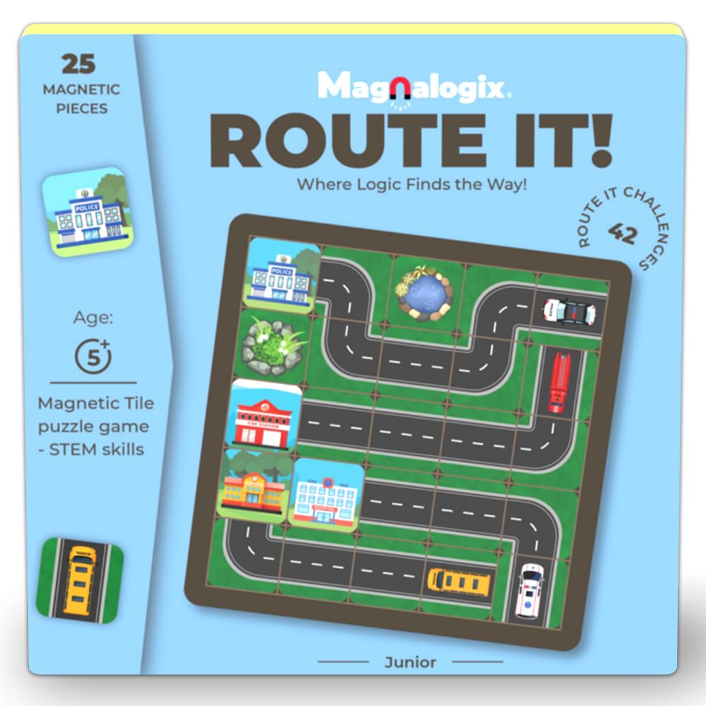 Magnalogix Route It Magnetic Logic Game for Kids 5-8 Years Old - Brain Teaser Puzzle & Strategy Board Game | Screen-Free Educational STEM Toy for Boys & Girls | 5x5 Grid Path Building Travel Game-image-39