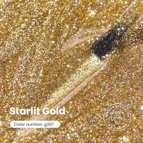 Image of Beetles Gold Gel Nail Polish - Starlit Gold Sparkling Glitter Reflective Purple Gel Polish 15ml UV /LED Soak Off Long Lasting Nail Art Home DIY Salon