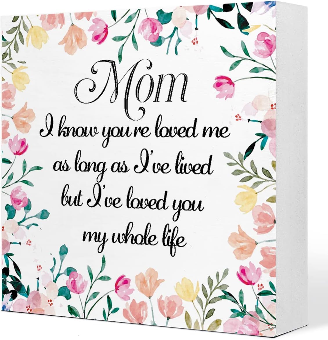 Mom Floral Box Sign 5x5 Inch Wooden Tabletop Decor Gift