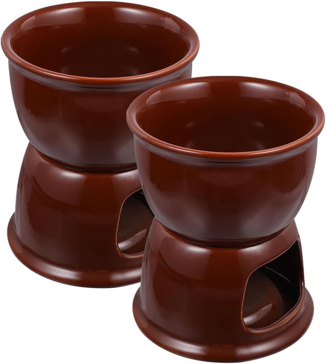 Ciieeo 2pcs Ceramic Chocolate Warmer Melting Pot Set with Quick Heating and Elegant Design, Coffee Color Fondue Cups for Family Gatherings and Restaurants, Versatile Use Dessert Dipping