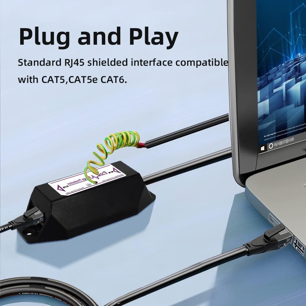 Gigabit PoE+ Ethernet Surge Protector 10KV Lightning Suppressor LAN Network CAT5/CAT6 Thunder Arrestor 10/100/1000 Mbps