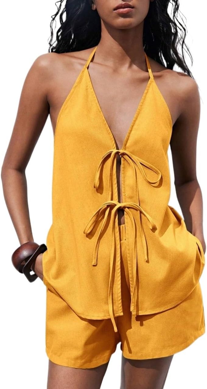 Women's Backless Lace Up Halter Top And Shorts Set Casual Summer Outfit