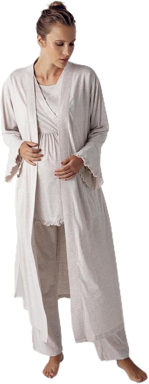 SODEF Maternity Pajama Set Long Sleeve V-Neck 100% Cotton Robe and Pants for Women, S - Multiple Options