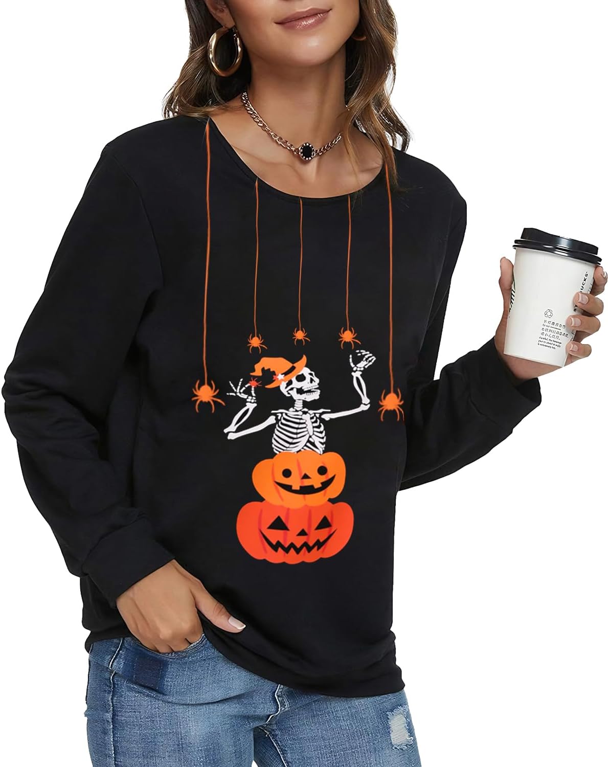 Women Halloween Sweatshirts Pumpkin Face Dancing Skeleton Shirt Long Sleeve Sweater Funny Graphic Pullover - Image 4