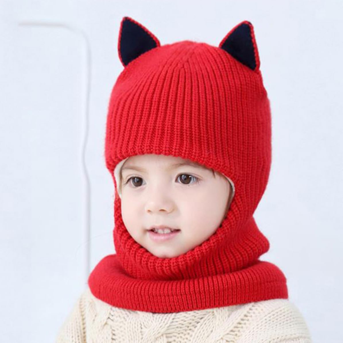 Winter Knit Face Mask Hat Red Windproof with Scarf, Warm