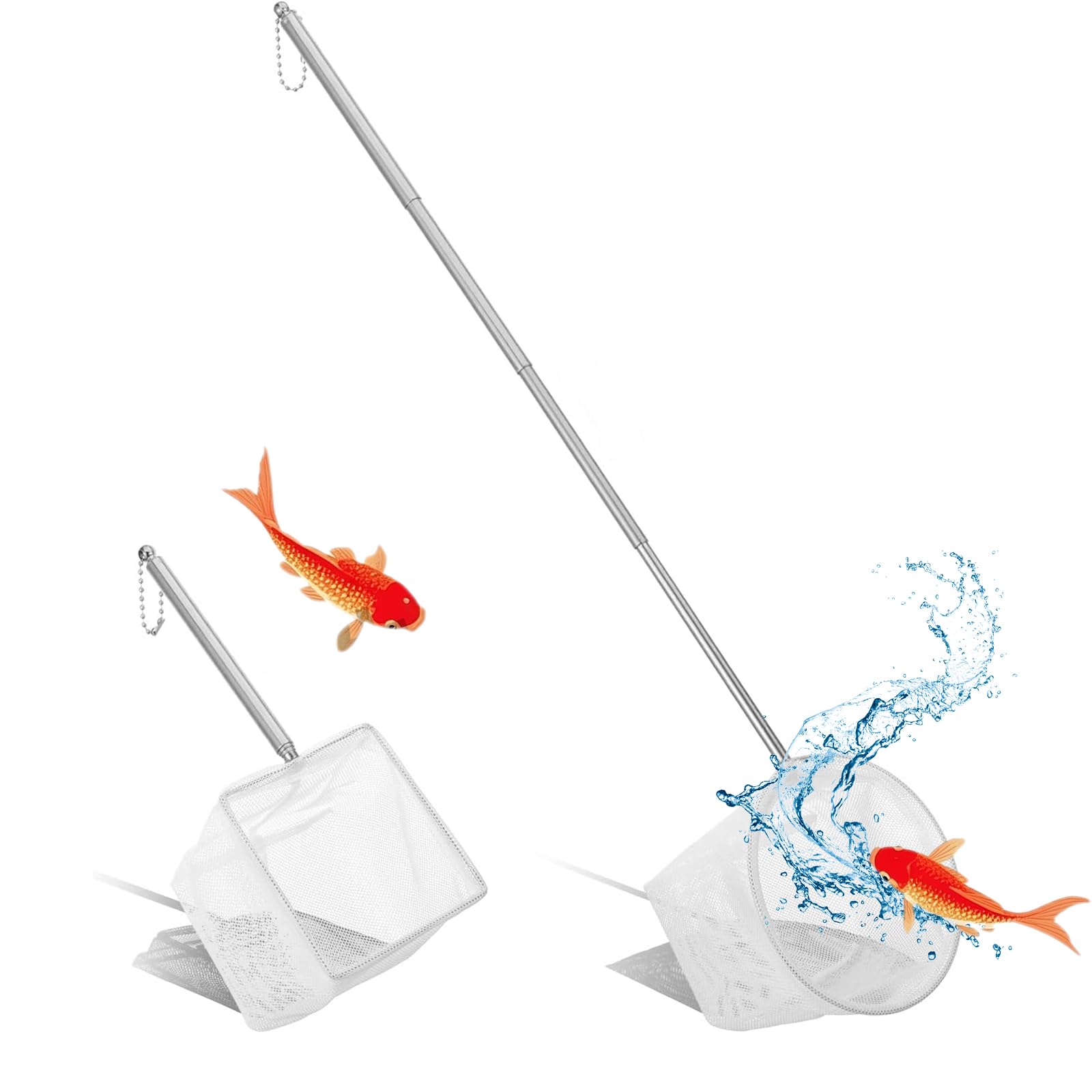 XIEHUZA 2Pack Aquarium Fish Nets, Small Fishing Net with Extendable Handle Stainless Steel Long Handle 5.3-15.8 Inch, Fine Mesh Nylon Fish Shrimp Nets for Tank, Ponds - Square & Round (2Pack - White)