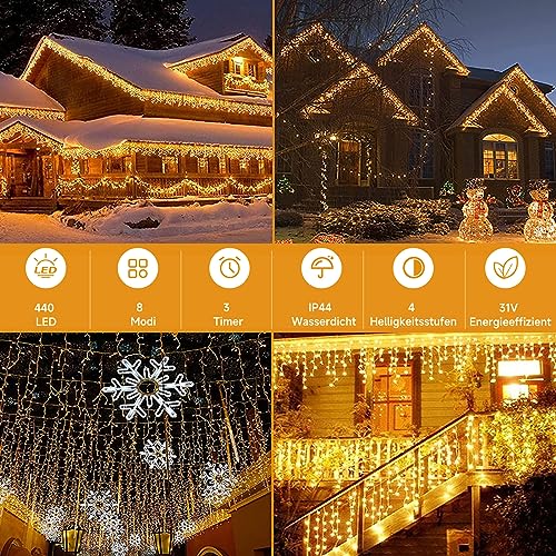 WOWDSGN LED Eisregen Lichterkette Außen, 15M 660LED Eiszapfen mit Timer 8 Modi IP44 wasserdicht Strombetrieben, Lichtervorhang für Weihnachten Dachkante Dachrinne Terrasse Balkon Warmweiß