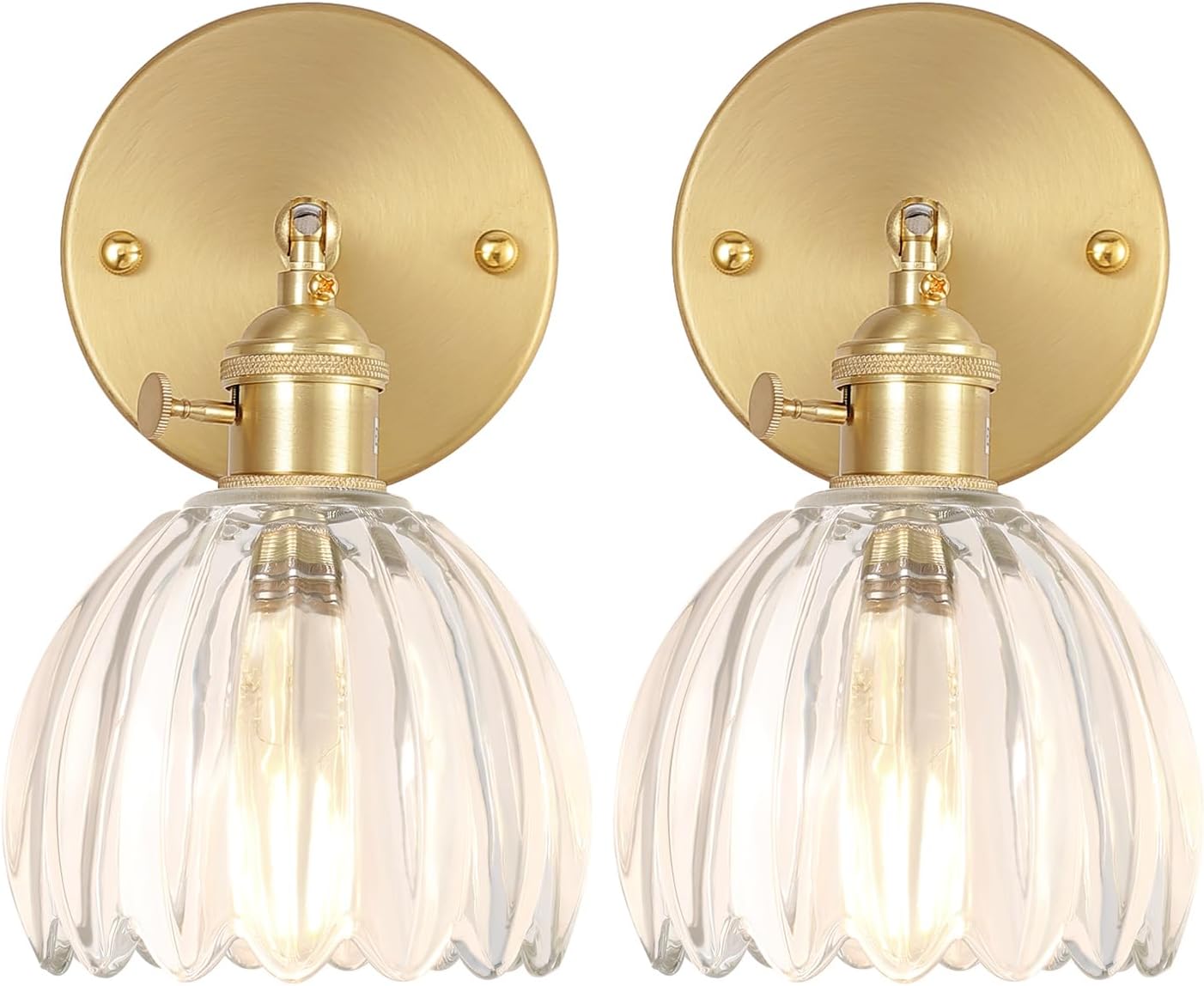 Vintage Wall Sconces Set of 2 with Transparent Tulip Glass Lampshade 180 Degree Adjustable Brass Sconces Hradwired Modern Wall Lighting Fixture with Switch for Bedside Bedroom Doorway Tulip Clear Hardwired (2 pack)