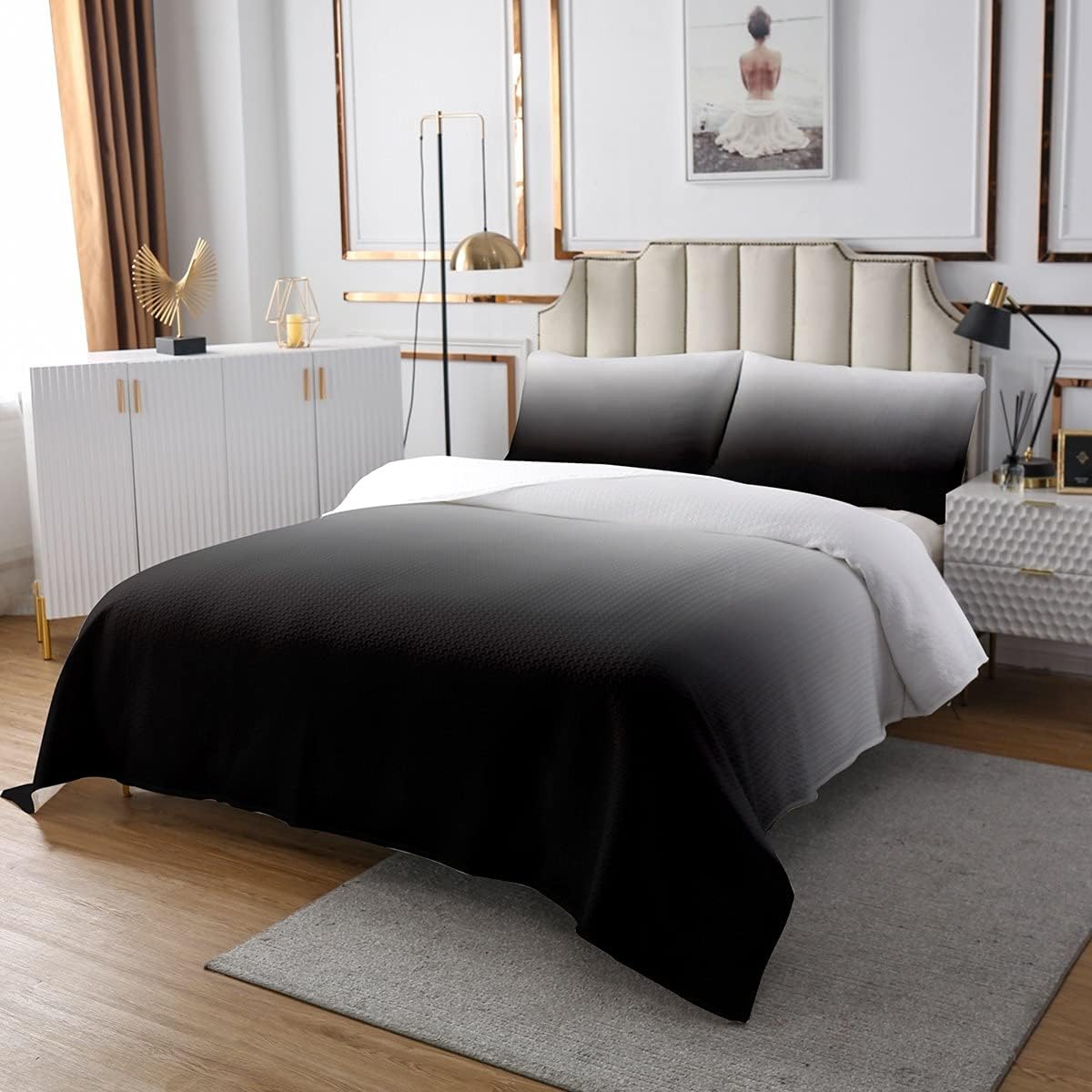 Feelyou Ombre Bedspread Ombre Effects Quilted Coverlet Set Kids Girls Boys Gradient Black Grey White Bedding Collection Decor Bedroom Collection 3Pcs King Size