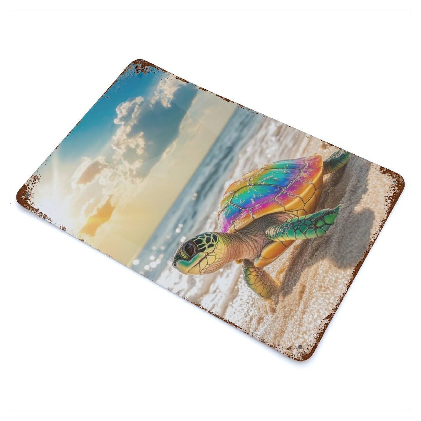 Garage Style Rainbow Sea Turtle on Beach Vintage Rust Metal Sign 11.8"x7.9", Rustic Home Decor for Bar And Workshop
