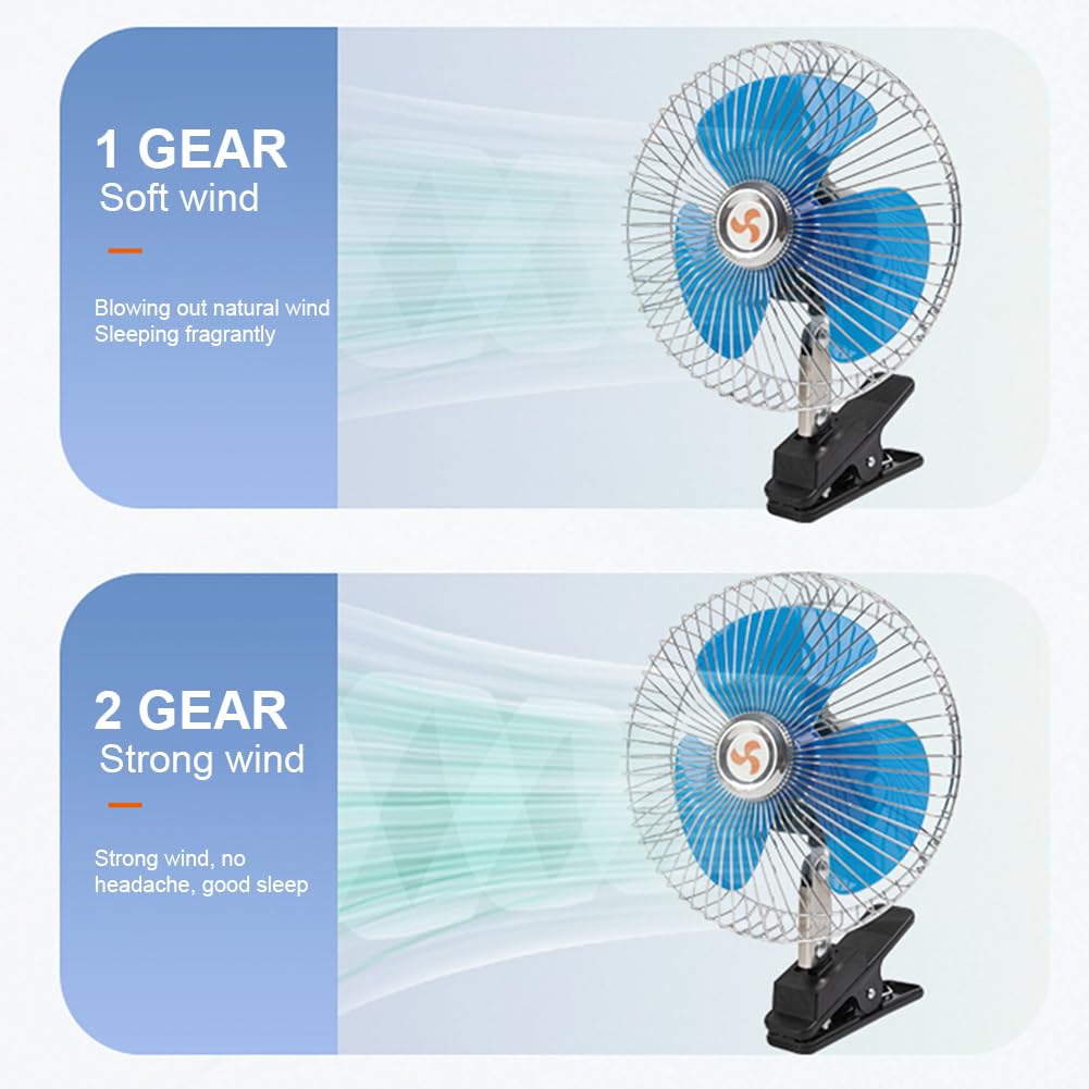 Starnearby Ventilateur de Voiture 6 Pouces 12V/24V, Mini Ventilateur de Refroidissement Voiture à Pince, 2 Vitesses Réglable, Ventilateur de Voiture Allume Cigare pour Camion, SUV, RV