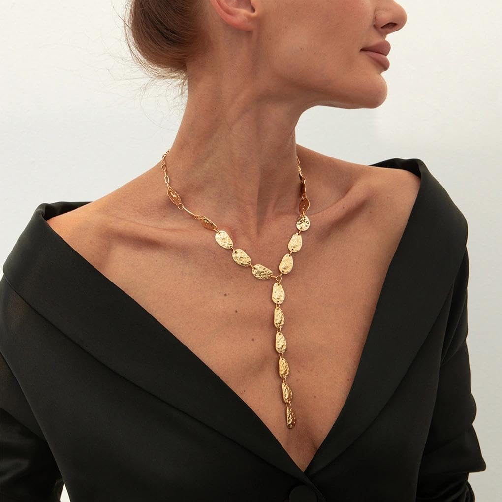 Gold Chunky Y Hammered Irregular Lariat Necklace for Women,Boho Organic Textured Matte Drop Statement Choker Necklace Minimalist Fashion Jewelry Gifts