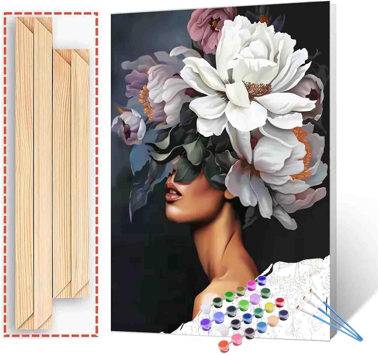 Tucocoo Lady Head Flower Picture Paint by Numbers for Adults - Modern Style Oil Painting Set With Frame - Fashion Acrylic Figure - 16''W x 20''H