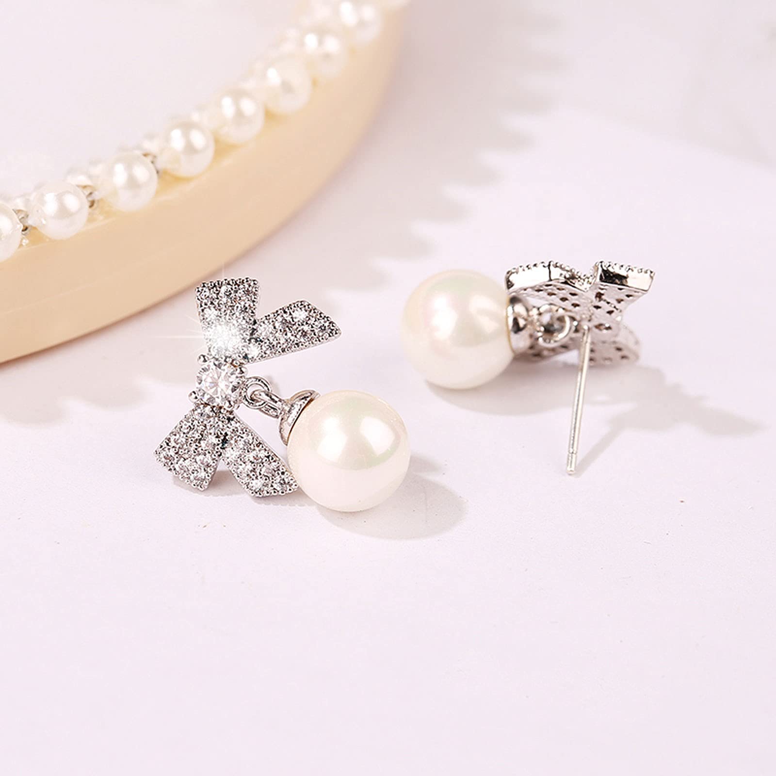 Damen-Ohrringe, Damen-Ohrringe, Schleifen-Set, Diamant-Ohrringe, Perlen-Anhänger-Ohrringe, hypoallergene Ohrstecker für Mädchen