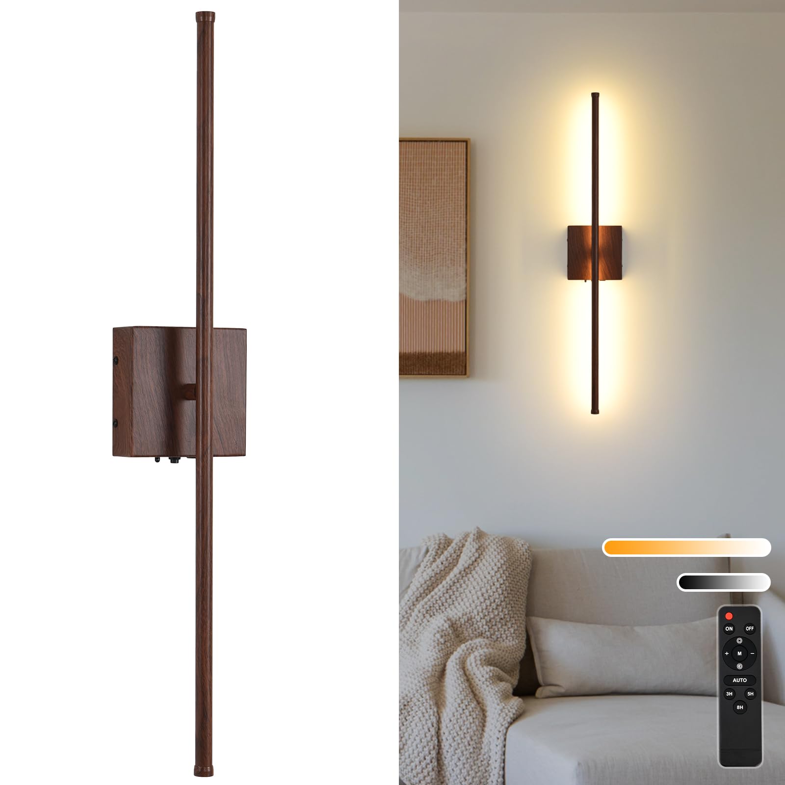 Rechargeable Battery Operated Wall Sconces, 11000mAh Faux Walnut Finish Wall Lights with Remote Control, 350°Rotate Dimmable Wall Lamp, 3 Color Temperatures, for Bedroom Living Room Hallway, 1 PCS