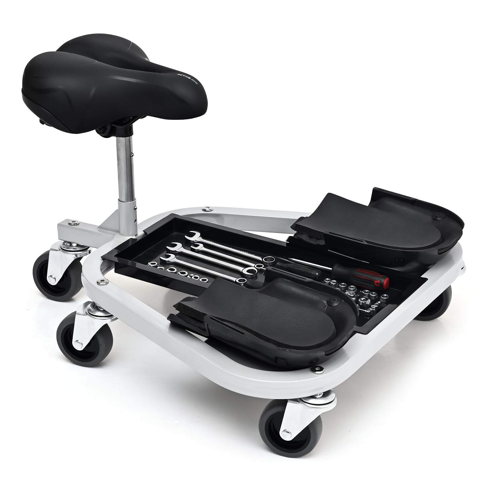 Kneeling Sitting Creeper with Seat, 300 lb Kneeling Sitting Creeper with Adjustable 11"-15" Seat, Thick Foam Knee Pads, 3 in Quiet Wheels and Tool Tray for Flooring, Tile, Garage Work | Comfort Knee Support, Adjustable Seat, Tool Tray, Quiet Wheels, 300 lb Capacity