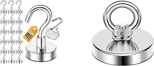 DIYMAG Ganchos magnéticos de 30 libras + paquete de 20 (plateado) y imanes de pesca de neodimio fuertes con ojal de agujero avellanado