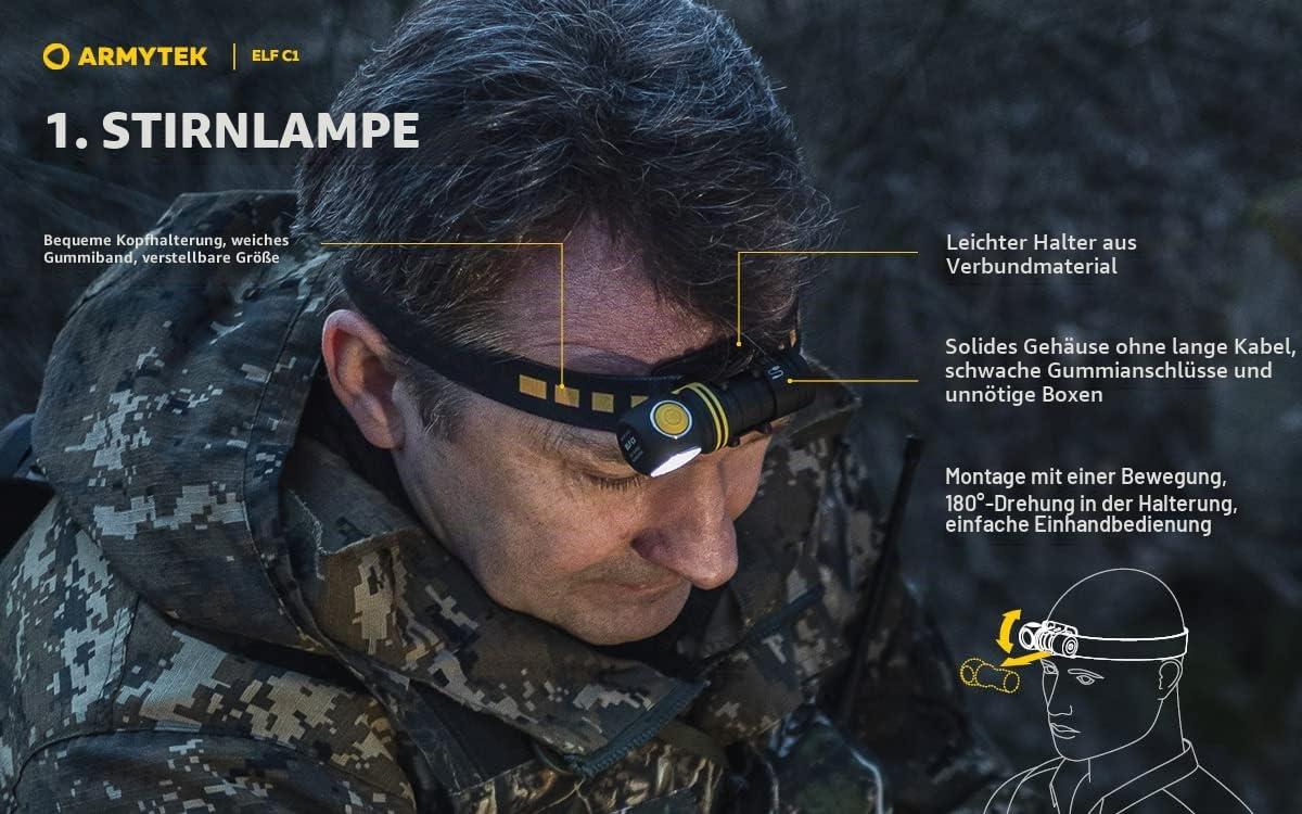 Armytek NEU, Stirnlampe Elf C1 v2 Kaltweiß 1000 Lumen LED-Lampe Micro USB Aufladbarer, Qualitativ Hochwertiger